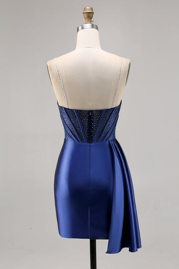 Navy Satin Beaded Corset Homecoming Dress with Sash